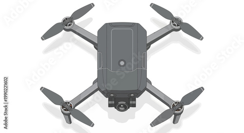 Top view of gray drone with rotating propellers unmanned aerial vehicle for recreational or commercial use high-angle shot on white