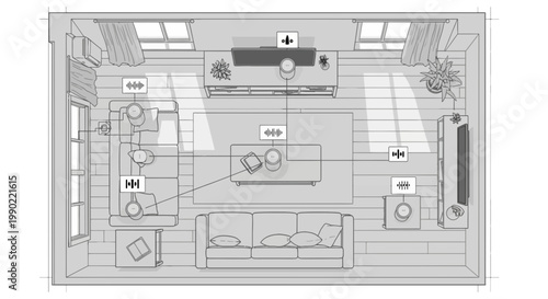Top view sketch of modern living room interior design with furniture layout and speaker placement for optimal sound quality