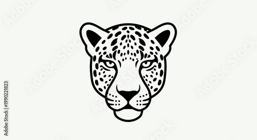 Vector drawing of a jaguar head with detailed spots in a symmetrical design; stylized feline face in black outline on white