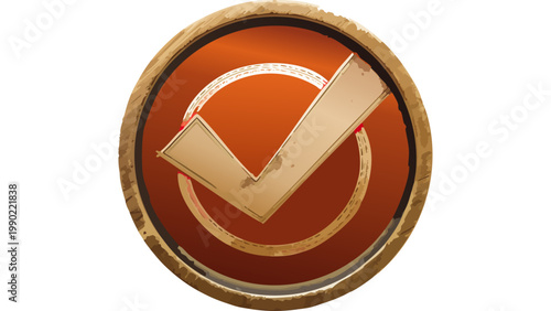 Golden check mark badge emblem with circular frame suggesting approval achievement and verified status symbol vector