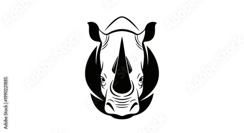 Vector illustration of a rhino head in black and white showcasing its prominent horn powerful build and distinctive facial features in a minimalist style