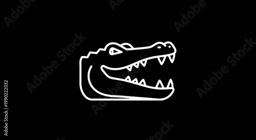 White line art of an alligator head with sharp teeth isolated on black background for logos and graphic designs; modern clean and minimal
