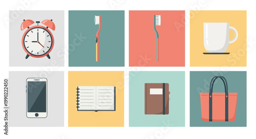 Collection of everyday items displayed in a grid layout, including an alarm clock, toothbrushes, phone, notebook, and handbag