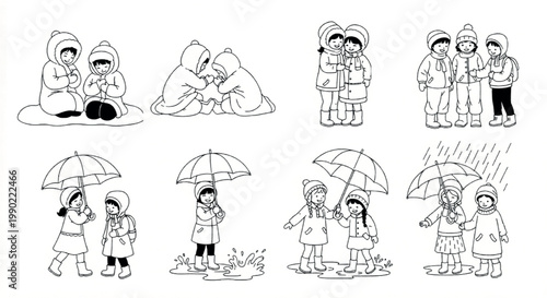 Hand drawn children in winter and rainy weather vector set, kids wearing warm coats and holding umbrellas, black and white line art illustrations