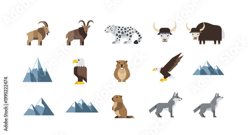 Collection of Flat Design Mountain Animals and Landscapes Vector Icons