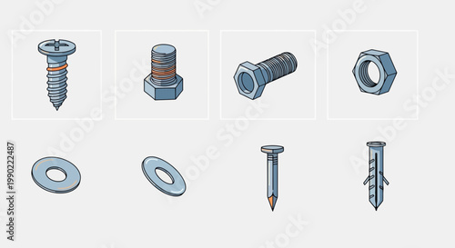 A collection of various metal fasteners, including screws, bolts, nuts, washers, and wall anchors, illustrating common hardware components