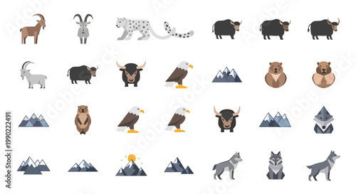 Collection of Arctic animals and mountainous landscapes in a pixelated art style, featuring wildlife and scenic elements for visual design