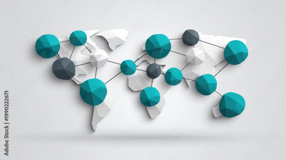 Obraz premium Modern Geometric World Map with Dots and Connections in Teal and Gray Colors for Global Networking and Communication Themes