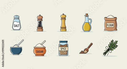 Collection of cooking ingredients and utensils with a salt and pepper grinder, oil, flour, and spices