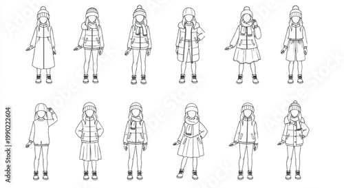 Minimalist winter fashion girl vector set, 12 line art female characters in seasonal outfits, hand drawn autumn outerwear sketches for coloring