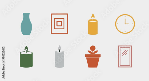 A curated collection of minimalist flat design vector icons showcasing everyday household decor and timekeeping essentials, perfect for enhancing modern graphic illustrations and digital interfaces