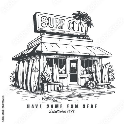 Hand-Drawn Surf City Surf Shop and Beach Boutique Illustration