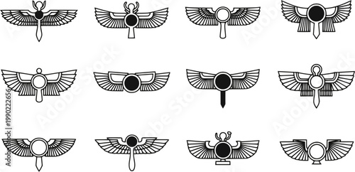 vector monochrome icon set with ancient egyptian symbol Winged sun.