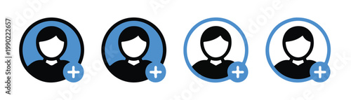 User profile icons with hair detail and plus symbol in blue and black color variations.