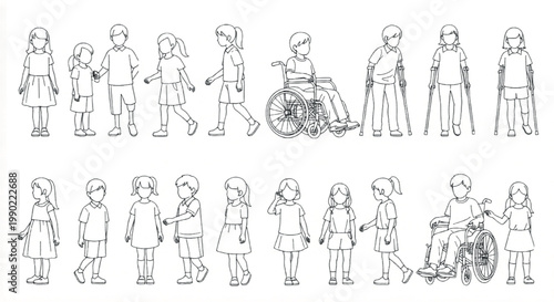 Inclusive children line art collection, diverse kids with disabilities vector set, black and white outline characters in wheelchair and on crutches