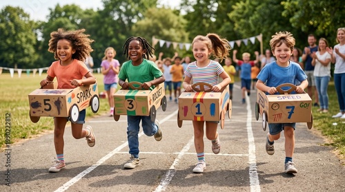 Children racing with cardboard boxes