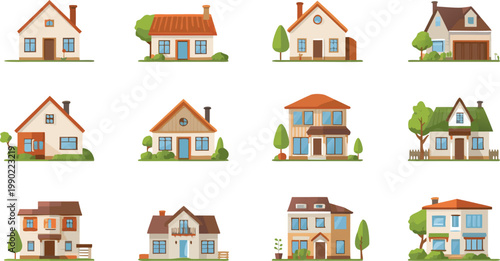 A vector illustration of a 3d residential housing set featuring modern real estate home icons and cottage architecture design symbols for property business