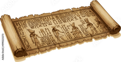 Old textured wide papyrus scroll with ancient egypt hieroglyphics on white
