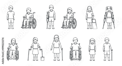 Disabled children vector set, kids with physical disabilities using wheelchairs and crutches, diverse group of young people with mobility aids