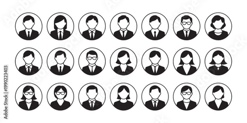 Professional business avatar icons representing male and female corporate employees for company directory use.