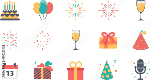 A festive vector illustration set of birthday party icons and elements featuring happy celebration designs like gift boxes with ribbons, balloons, and holiday greeting cards for a surprise party