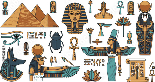 Collection of ancient Egypt culture and mythology elements, flat cartoon style .