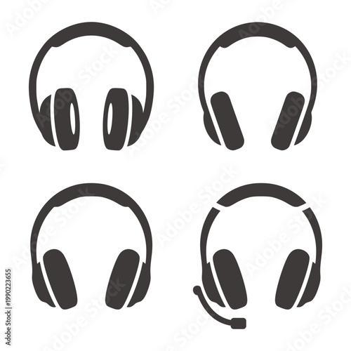 Modern Headphones and Headset Icon Set with Microphone Silhouette for Audio and Gaming Technology Design Vector Illustration