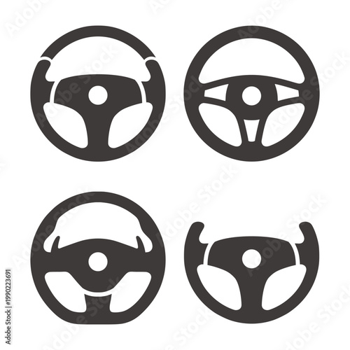 Car Steering Wheel Icon Set with Multiple Modern and Sporty Drive Control Silhouettes for Automotive Branding Vector Logo Illustration