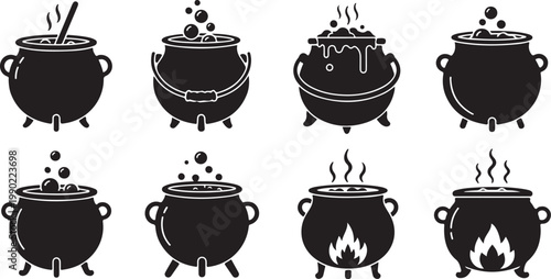 Black Cauldron Icons, Witchcraft Symbols, Boiling Pot Illustrations, Magic Vector Graphics isolated on Transparent Background