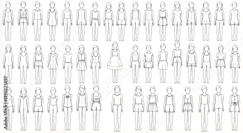 Fashion croquis female body templates, set of 40 outline figure sketches for apparel design, minimalist woman model poses for technical drawing