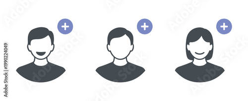 Human avatar illustration set featuring male and female faces with add member icon button interface.