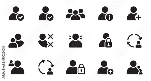 Account management icons collection for digital security verification and user profile interactions.