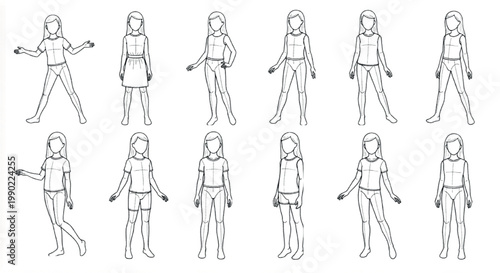 Fashion croquis girl templates, set of 12 female child body outlines for apparel design, technical drawing mannequin vectors for kids clothing