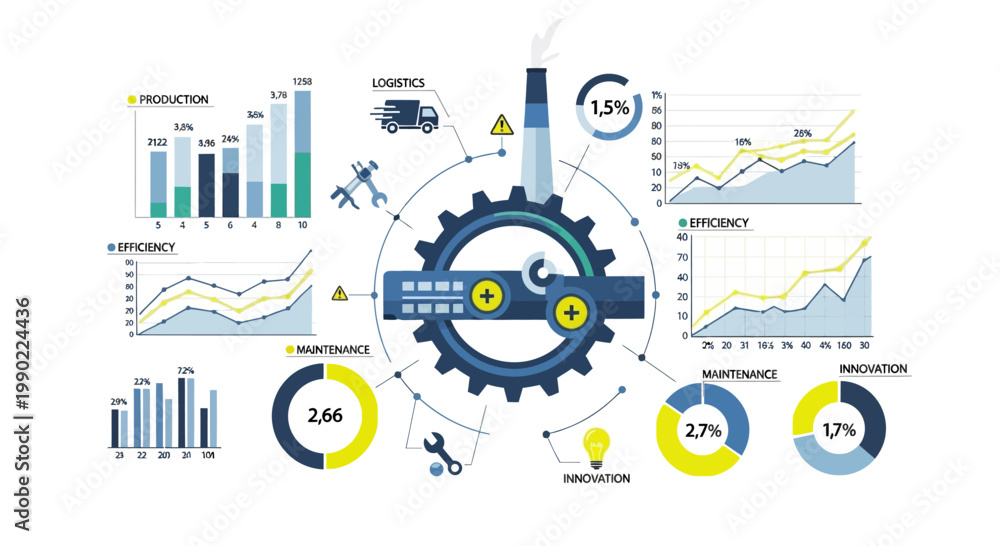 Fototapeta premium Industrial Technology Infographic: Gear, Charts, Data, Analytics, Manufacturing, Logistics