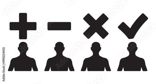 User silhouette icons with plus minus cross and check symbols for add remove actions illustration.