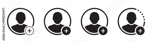User profile icons with plus symbol in circle and dotted circle for adding new user illustration.