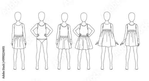 Fashion technical sketch of girls dresses and skirts, children apparel design templates, flat vector line art for kids clothing manufacturing