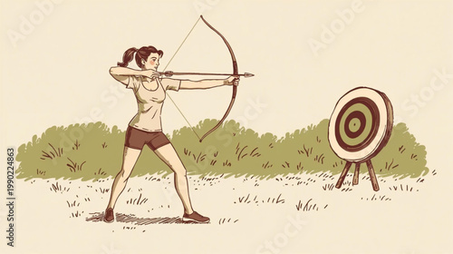 A vintage illustration of a fit, athletic woman practicing archery