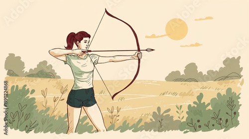 A vintage illustration of a fit, athletic woman practicing archery