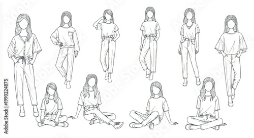 Fashion illustration sketches of young women in casual outfits, set of 10 female character poses in line art style, hand drawn apparel design vector