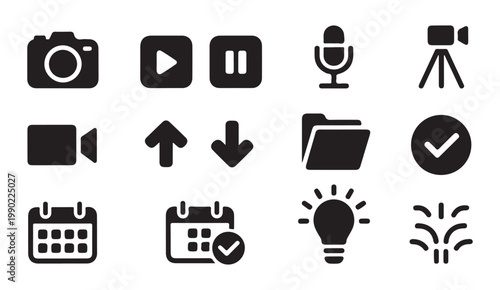 Set of 12 media icons, including camera, play, pause, microphone, camcorder, upload, download, folder, checkmark, calendar, lightbulb, and fireworks.