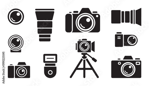 Professional photography equipment icons including dslr cameras zoom lenses tripod and flash units.