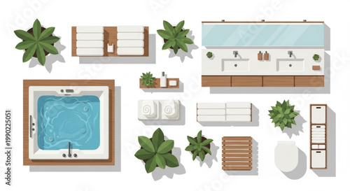 Top View Spa Bathroom Symbols Collection with Jacuzzi Vanity Sinks Towels and Plants