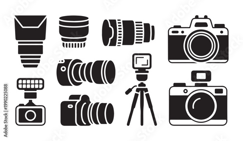 Photography equipment collection camera lenses flash unit tripod and cameras on transparent background.