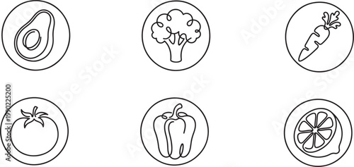 Vegetable and fruit icons in line art style isolated on transparent background