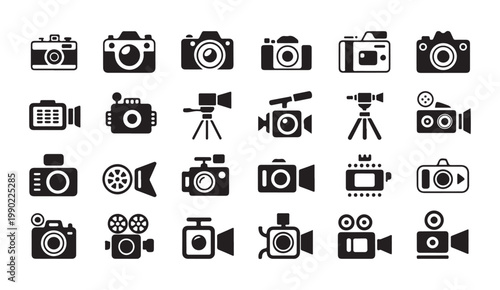 Collection camera icons video camera objects vintage professional equipment modern vector.