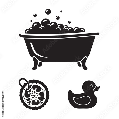 Relaxing bath icons with clawfoot tub loofah and rubber duck