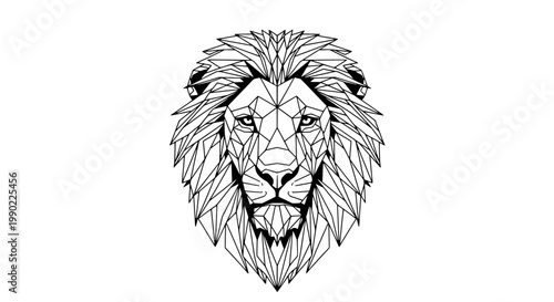 Lion head line art logo with geometric facets and textured angular mane, stylish vector emblem for branding and social media