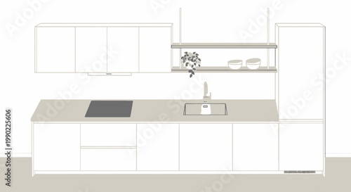 Modern kitchen interior design featuring sleek minimalist cabinets open shelving integrated sink and induction cooktop with a plant detail