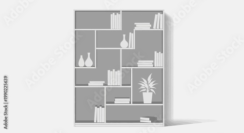 Modern white bookshelf with minimalist design filled with books vases and a potted plant casting subtle shadows on a light background
